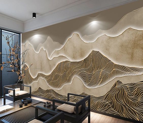 ست مبل با کاغذ دیواری طلایی